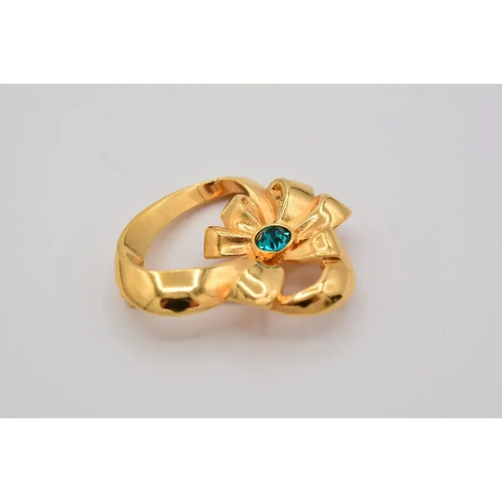 Avon Vintage Heart Pin Brooch Teal Rhinestone Crystal Bow Gold Signed 80s BinAT
